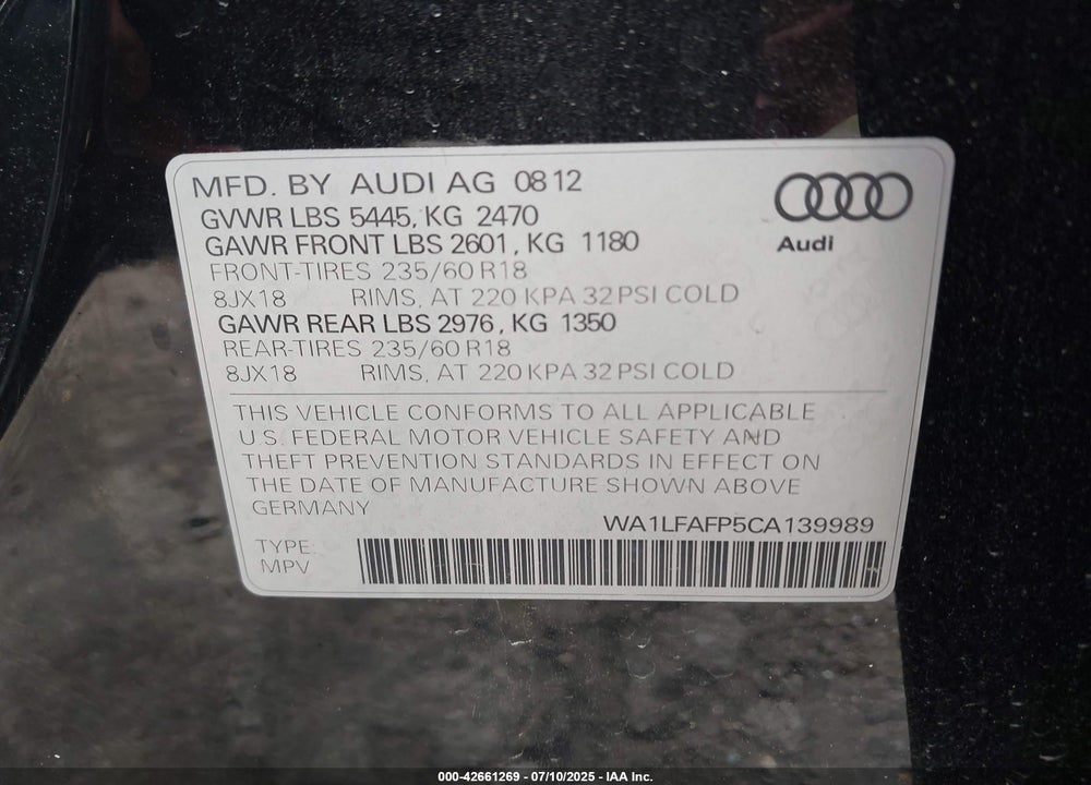 2012 AUDI Q5 VIN: WA1LFAFP5CA139989
