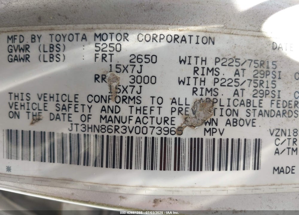 1997 TOYOTA 4RUNNER SR5 VIN: JT3HN86R3V0073965