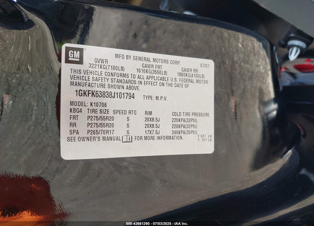 2008 GMC YUKON VIN: 1GKFK63838J101794