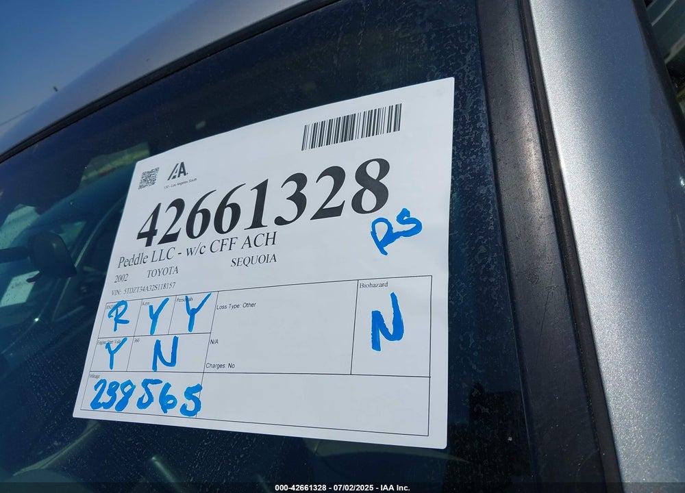 2002 TOYOTA SEQUOIA SR5 V8 VIN: 5TDZT34A32S118157