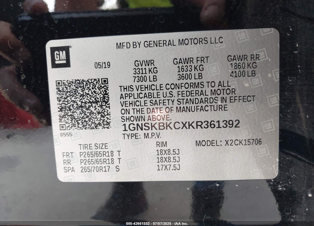 2019 CHEVROLET TAHOE VIN: 1GNSKBKCXKR361392