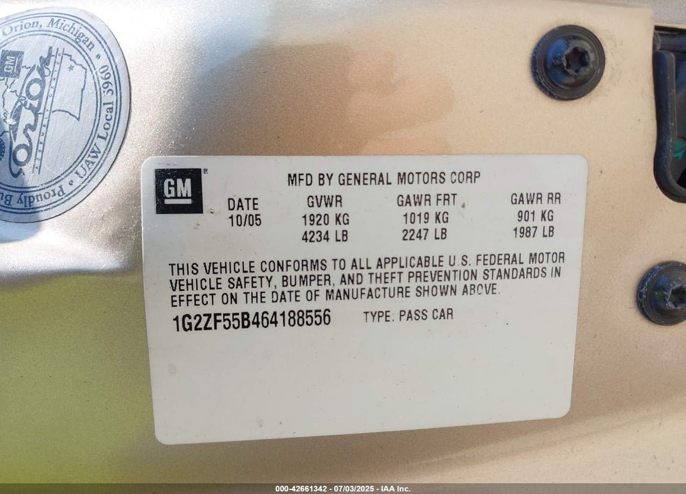 2006 PONTIAC G6 VIN: 1G2ZF55B464188556
