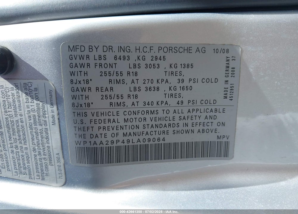 2009 PORSCHE CAYENNE VIN: WP1AA29P49LA09064