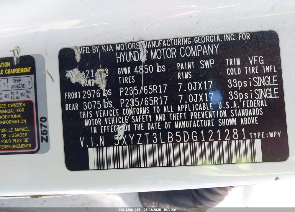 2013 HYUNDAI SANTA FE VIN: 5XYZT3LB5DG121281