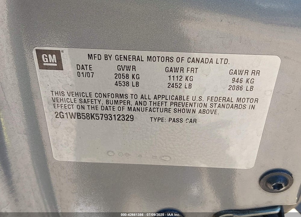 2007 CHEVROLET IMPALA LS VIN: 2G1WB58K579312329