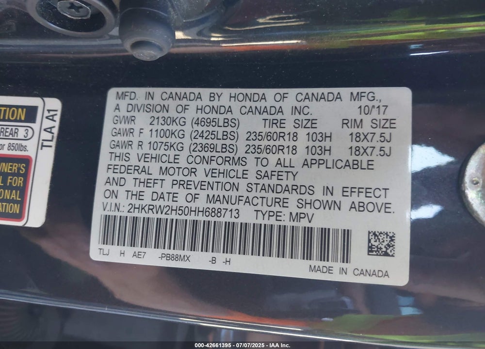 2017 HONDA CR-V VIN: 2HKRW2H50HH688713