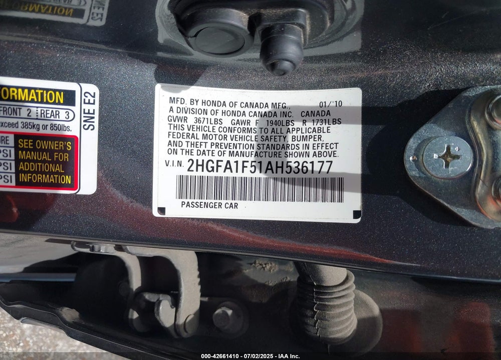 2010 HONDA CIVIC VIN: 2HGFA1F51AH536177