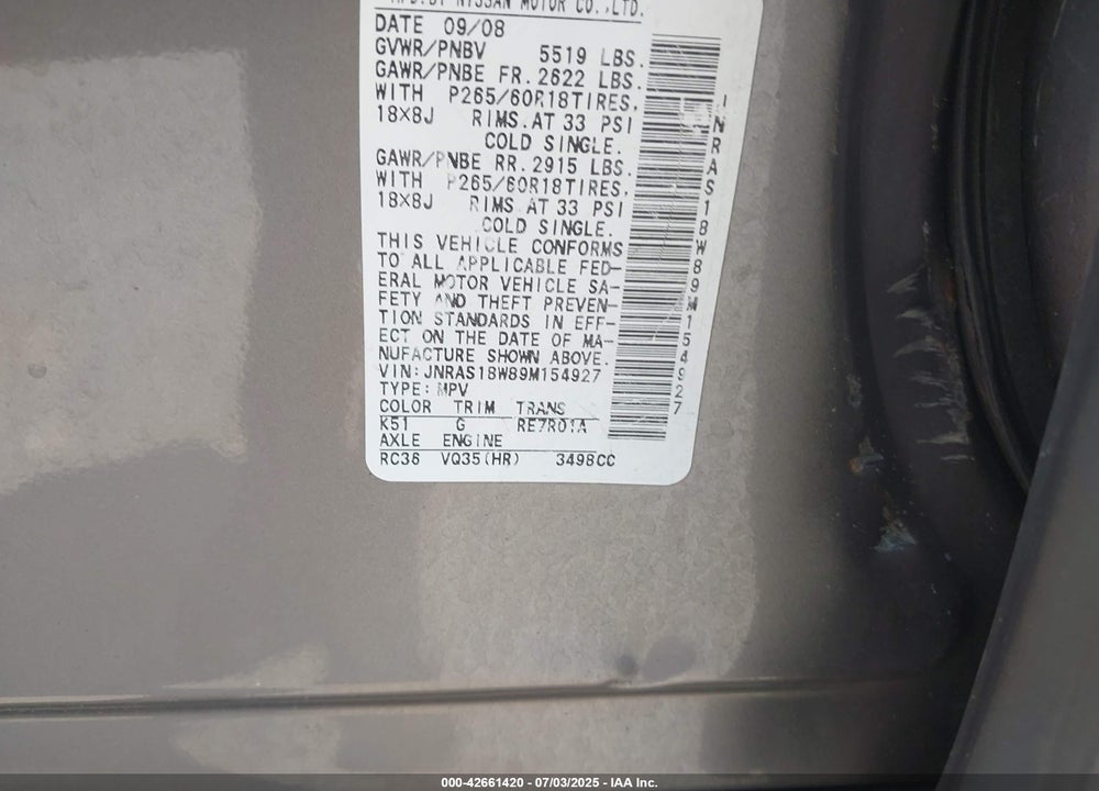 2009 INFINITI FX35 VIN: JNRAS18W89M154927