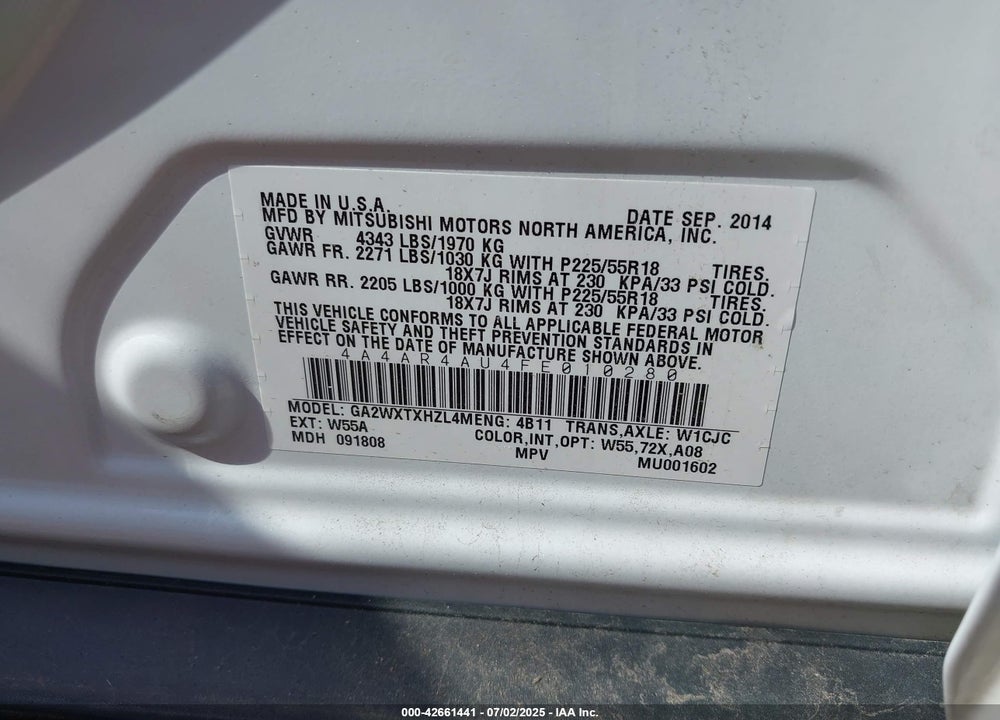 2015 MITSUBISHI OUTLANDER SPORT VIN: 4A4AR4AU4FE010280