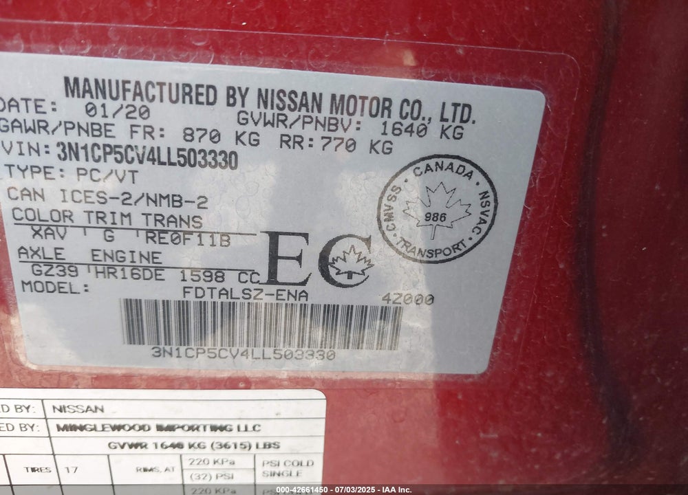 2020 NISSAN KICKS VIN: 3N1CP5CV4LL503330