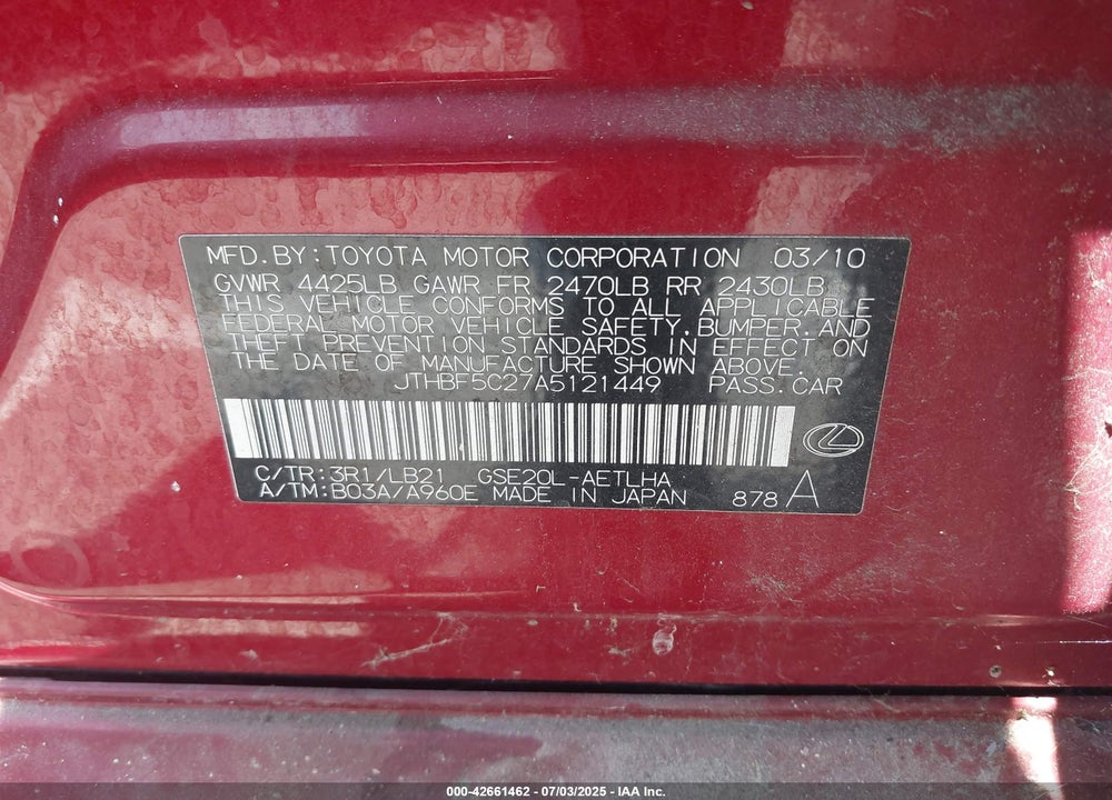 2010 LEXUS IS 250 VIN: JTHBF5C27A5121449