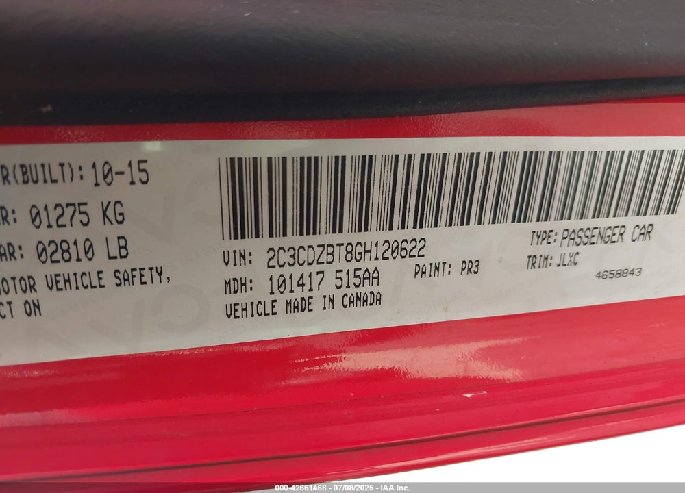 2016 DODGE CHALLENGER VIN: 2C3CDZBT8GH120622