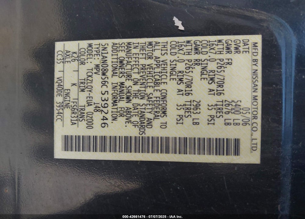 2006 NISSAN XTERRA X VIN: 5N1AN08W56C539246