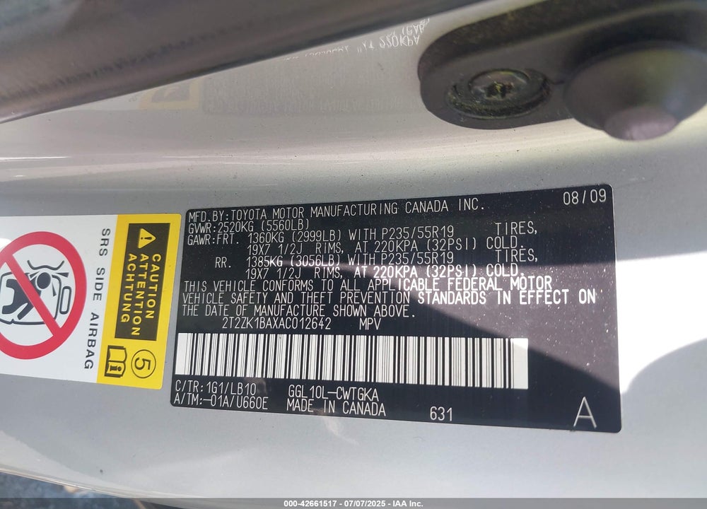 2010 LEXUS RX 350 VIN: 2T2ZK1BAXAC012642
