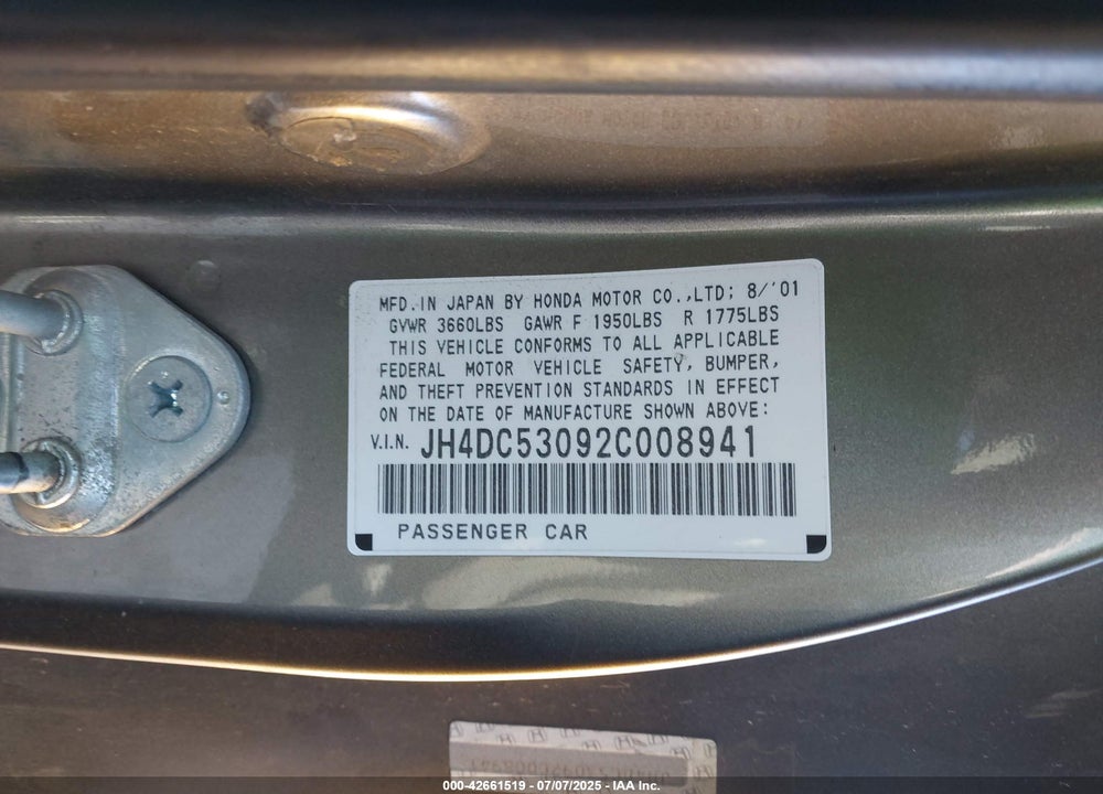 2002 ACURA RSX TYPE-S VIN: JH4DC53092C008941