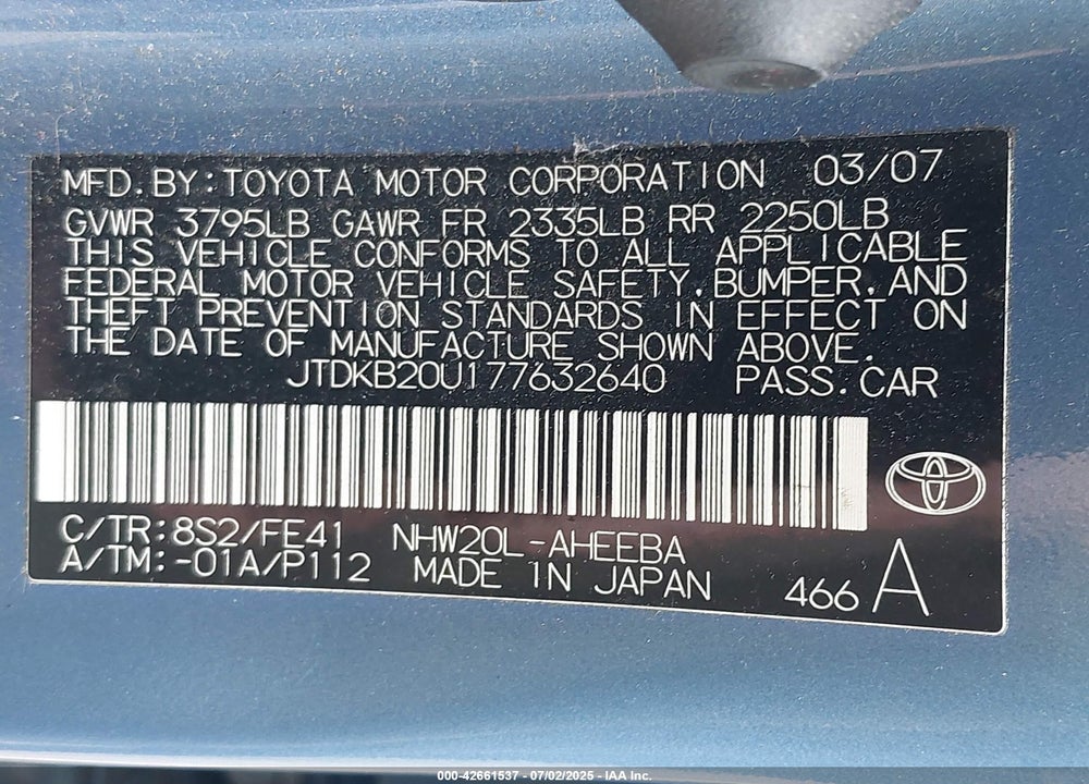 2007 TOYOTA PRIUS VIN: JTDKB20U177632640