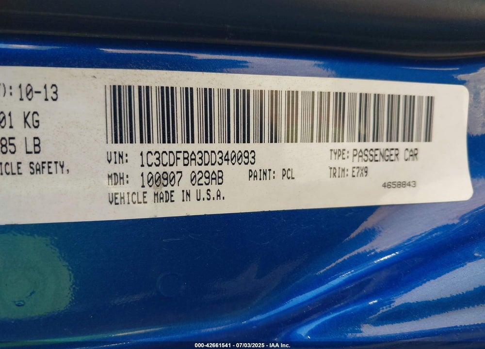 2013 DODGE DART SXT VIN: 1C3CDFBA3DD340093