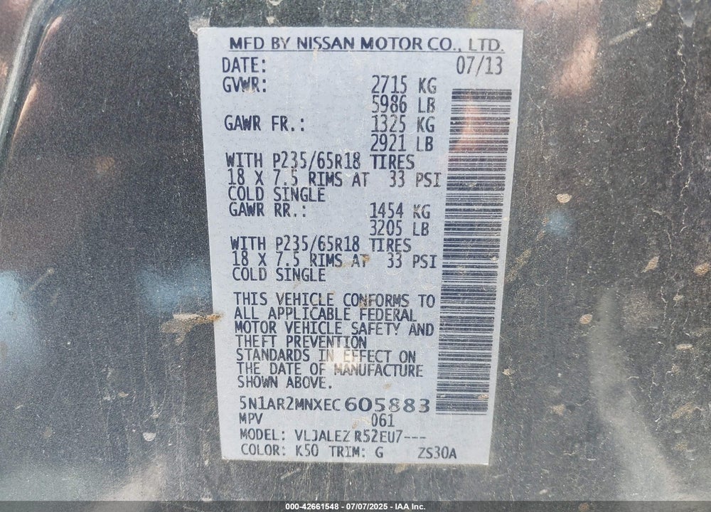 2014 NISSAN PATHFINDER VIN: 5N1AR2MNXEC605883