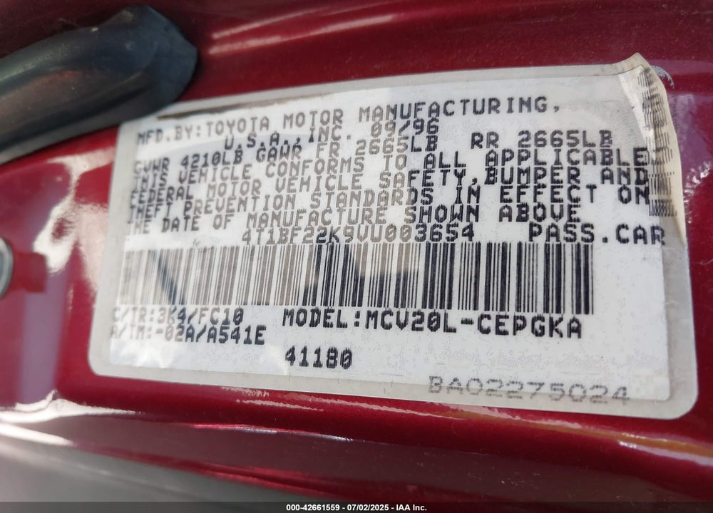 1997 TOYOTA CAMRY XLE V6 VIN: 4T1BF22K9VU003654