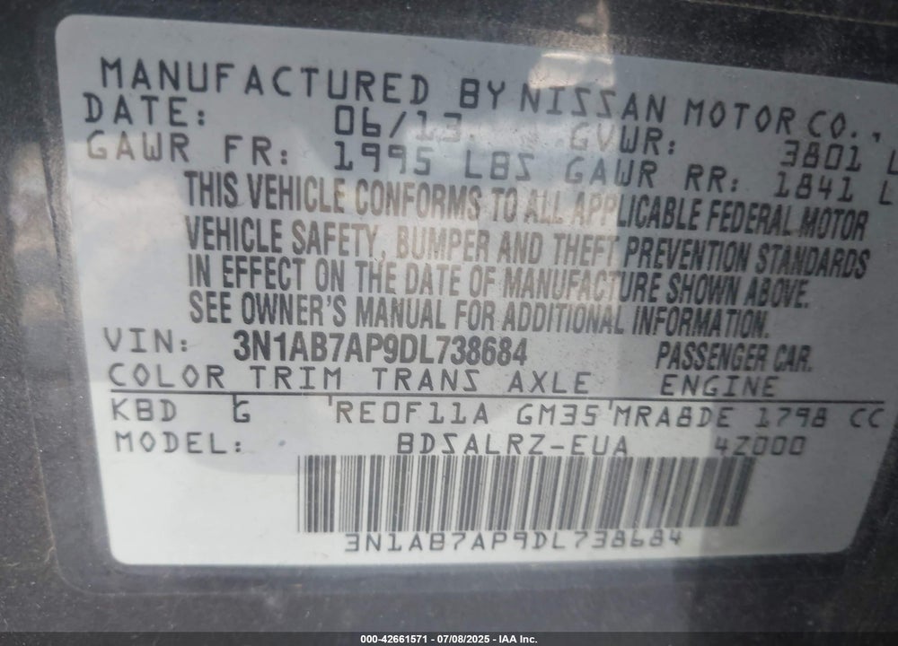 2013 NISSAN SENTRA VIN: 3N1AB7AP9DL738684
