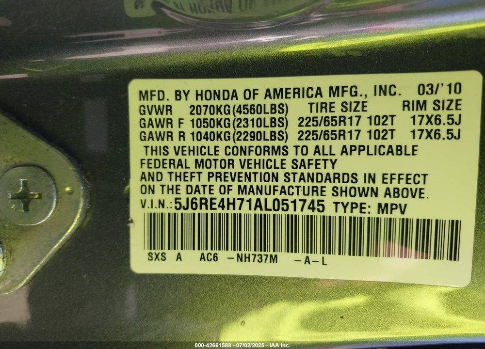 2010 HONDA CR-V EX-L VIN: 5J6RE4H71AL051745