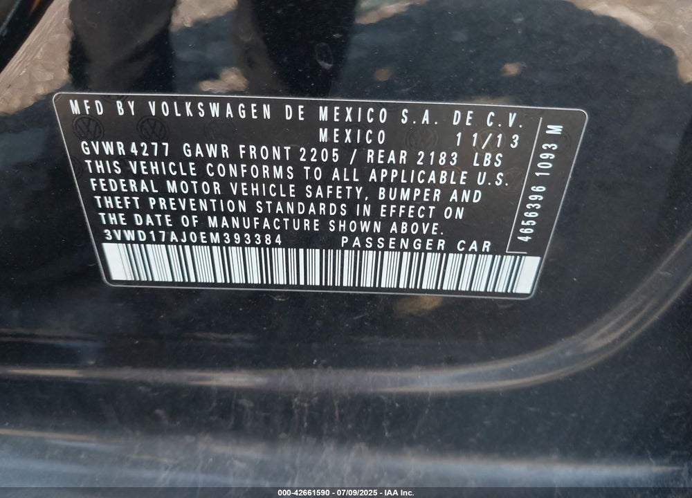 2014 VOLKSWAGEN JETTA VIN: 3VWD17AJ0EM393384