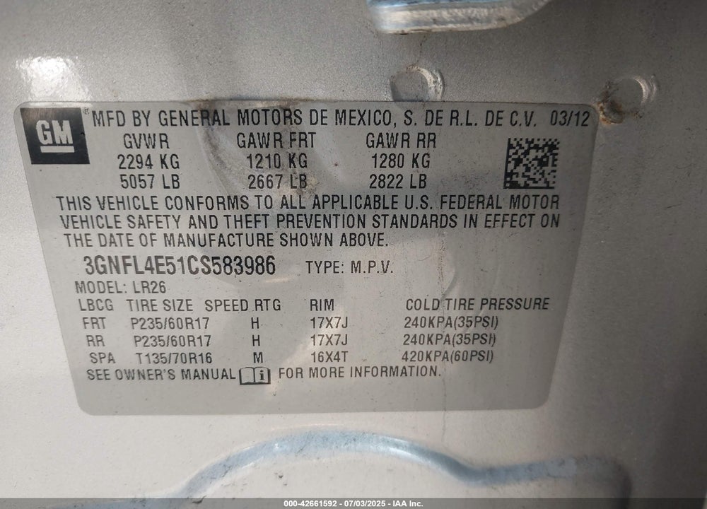 2012 CHEVROLET CAPTIVA SPORT VIN: 3GNFL4E51CS583986