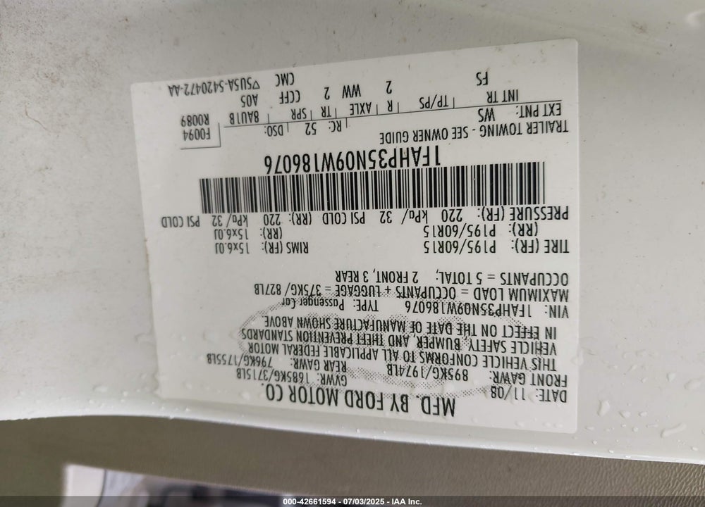 2009 FORD FOCUS VIN: 1FAHP35N09W186076