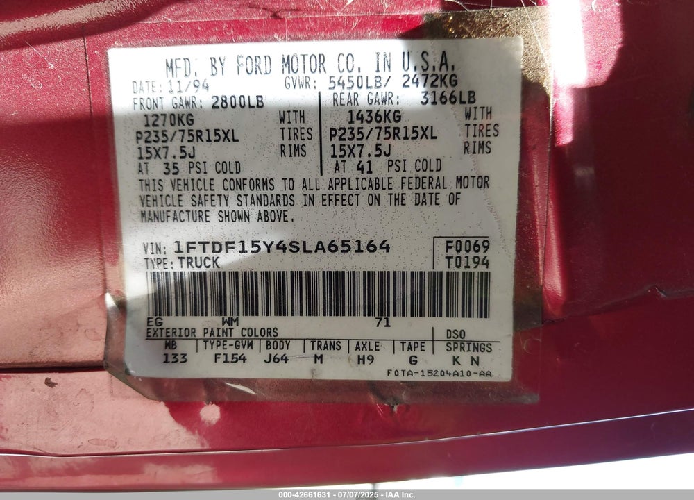 1995 FORD F150 VIN: 1FTDF15Y4SLA65164