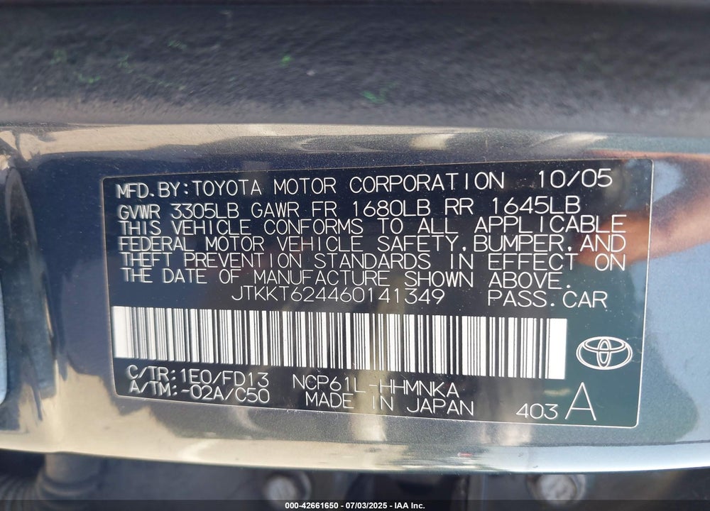 2006 SCION XA VIN: JTKKT624460141349