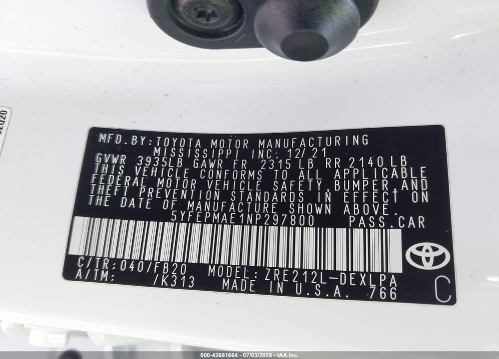 2022 TOYOTA COROLLA VIN: 5YFEPMAE1NP297800