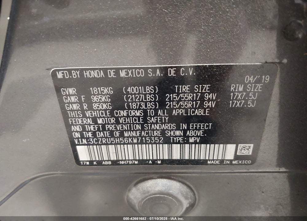 2019 HONDA HR-V VIN: 3CZRU5H56KM715352