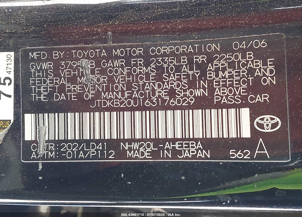 2006 TOYOTA PRIUS VIN: JTDKB20U163176029