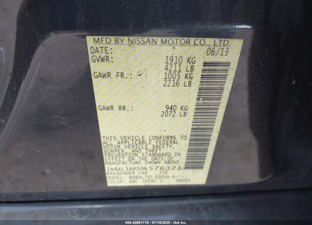 2013 NISSAN ALTIMA VIN: 1N4AL3AP5DN576321