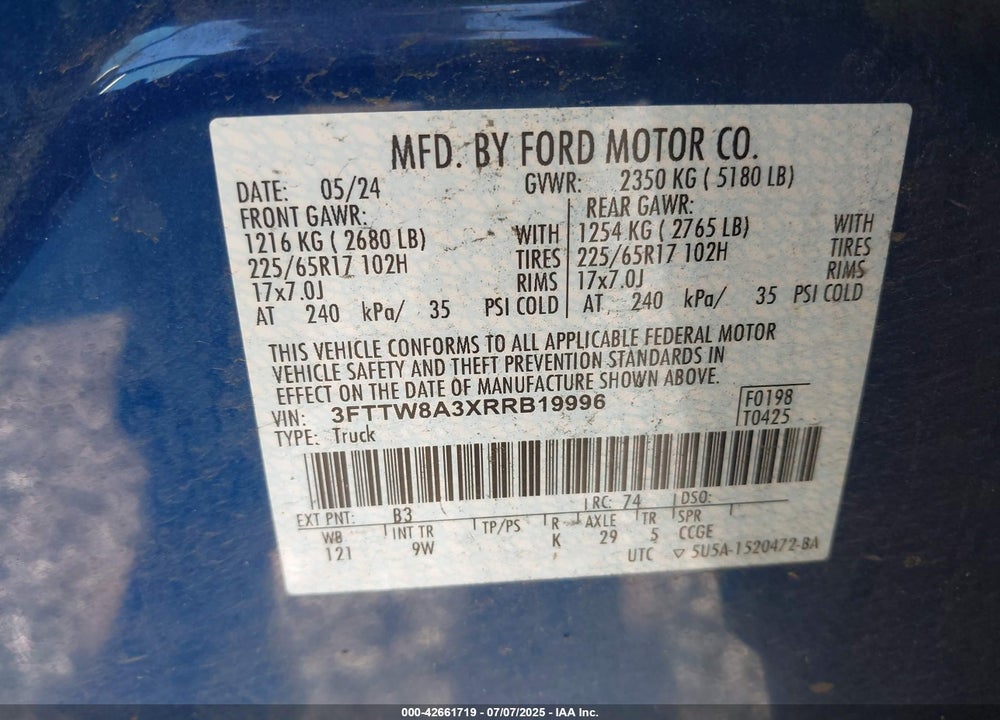 2024 FORD MAVERICK VIN: 3FTTW8A3XRRB19996