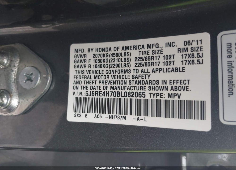 2011 HONDA CR-V VIN: 5J6RE4H70BL082065