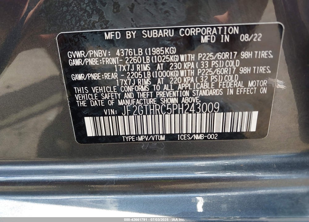 2023 SUBARU CROSSTREK VIN: JF2GTHRC5PH243009
