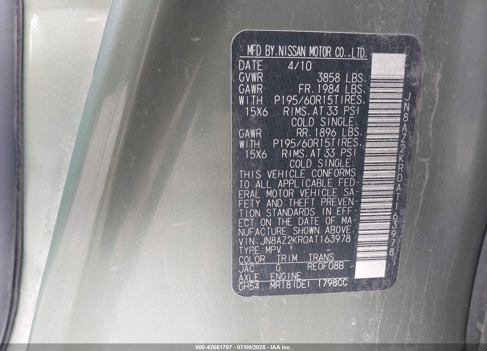 2010 NISSAN CUBE VIN: JN8AZ2KR0AT163978
