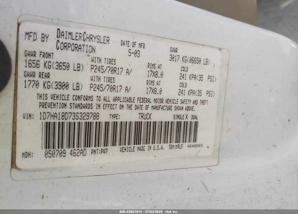2003 DODGE RAM 1500 VIN: 1D7HA18D73S329788