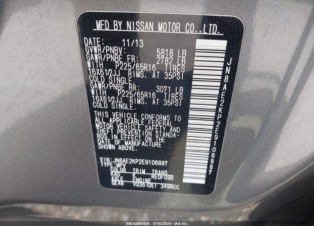 2014 NISSAN QUEST VIN: JN8AE2KP2E9106887