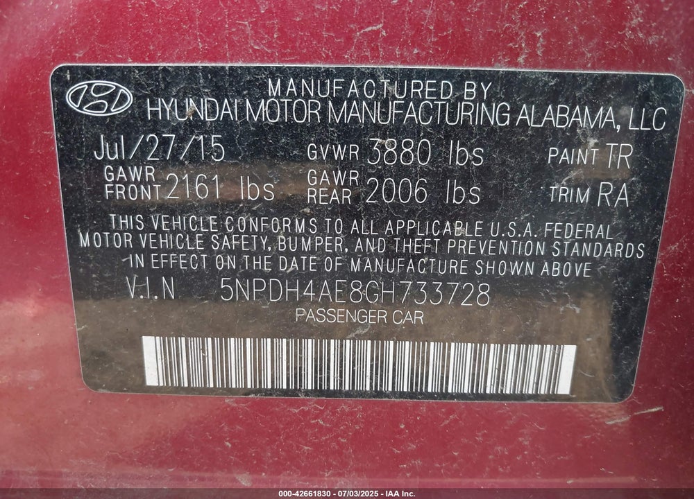 2016 HYUNDAI ELANTRA SE VIN: 5NPDH4AE8GH733728