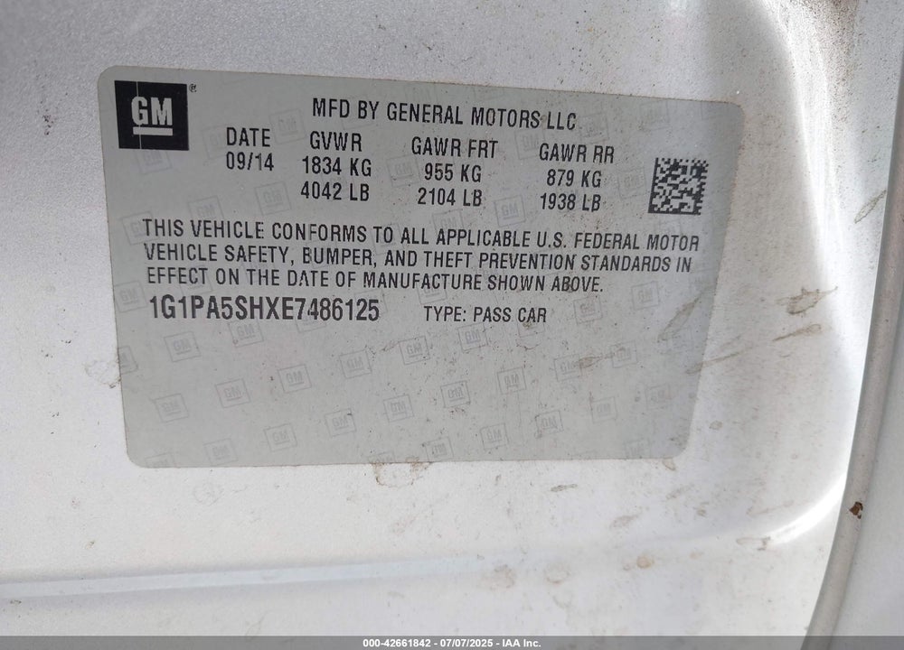 2014 CHEVROLET CRUZE VIN: 1G1PA5SHXE7486125