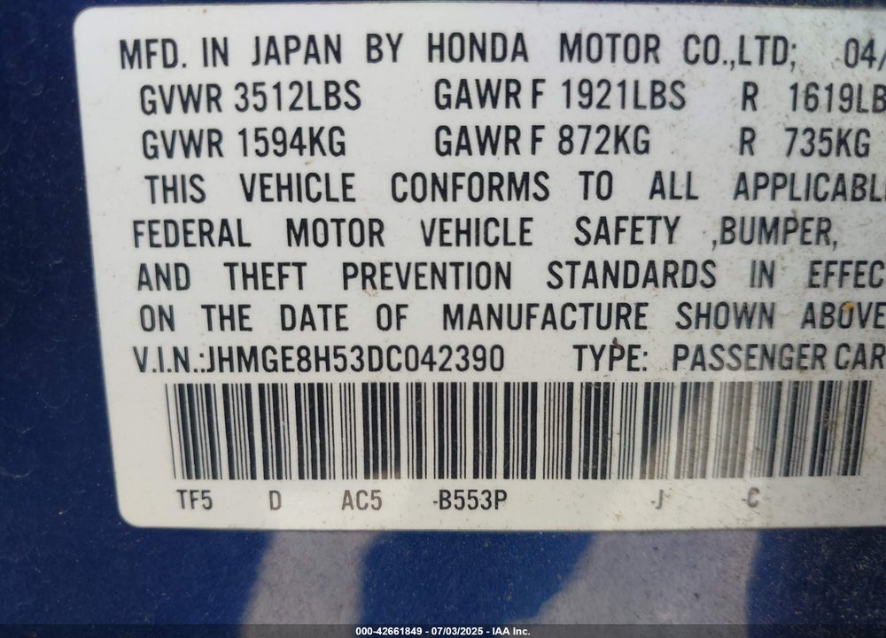 2013 HONDA FIT SPORT VIN: JHMGE8H53DC042390