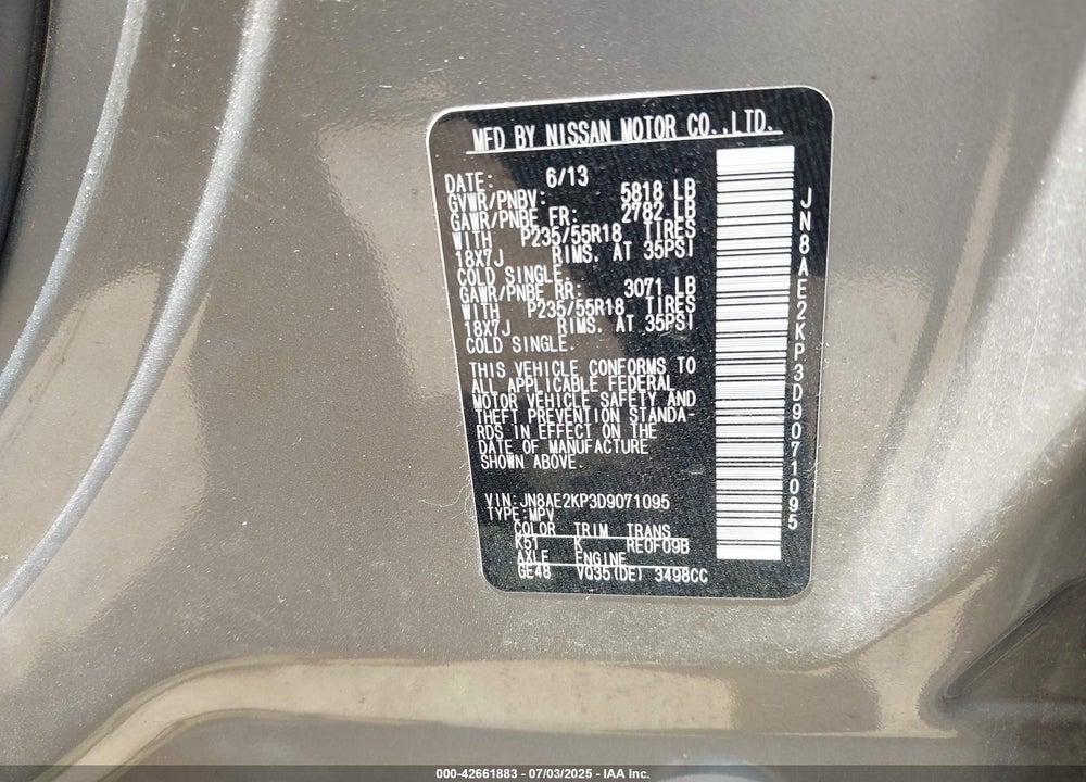 2013 NISSAN QUEST SL VIN: JN8AE2KP3D9071095