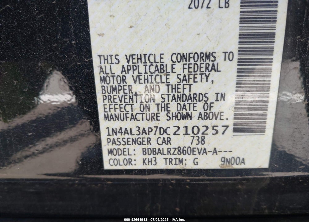 2013 NISSAN ALTIMA VIN: 1N4AL3AP7DC210257