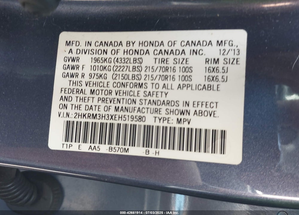 2014 HONDA CR-V LX VIN: 2HKRM3H3XEH519580