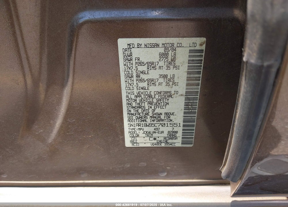 2005 NISSAN PATHFINDER LE VIN: 5N1AR18W95C701551