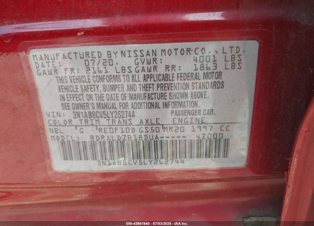 2020 NISSAN SENTRA VIN: 3N1AB8CV5LY262744