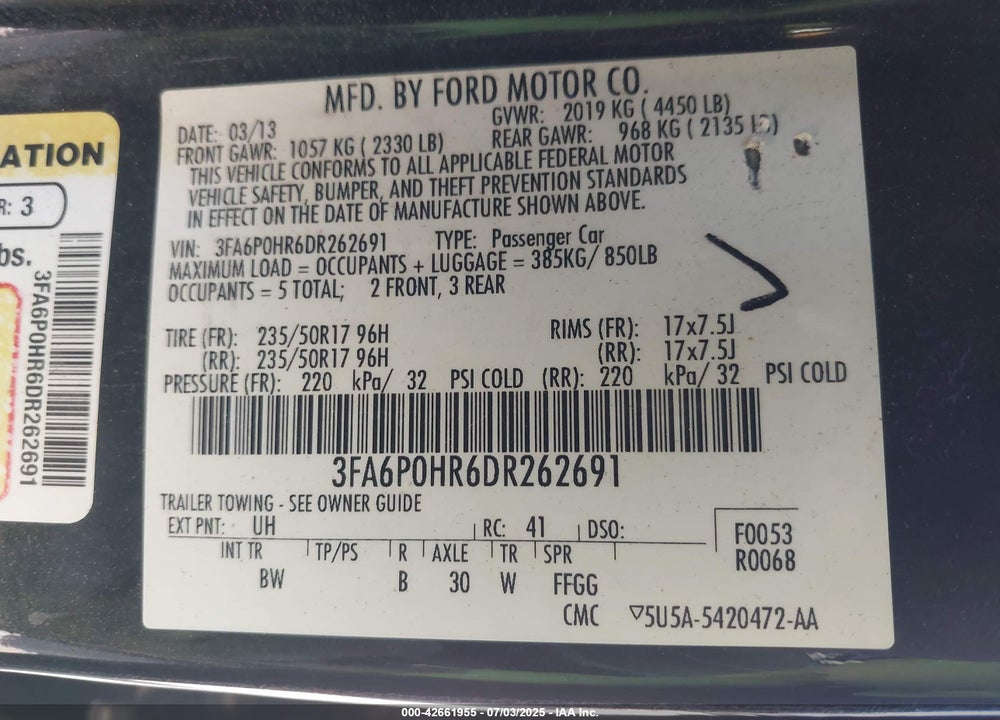 2013 FORD FUSION SE VIN: 3FA6P0HR6DR262691