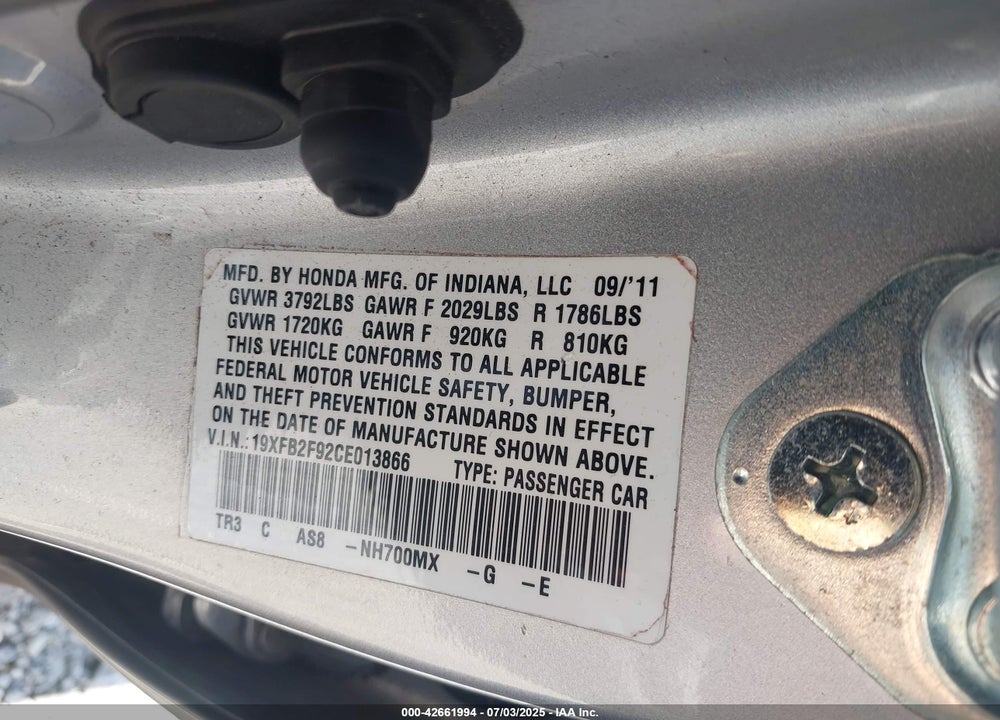 2012 HONDA CIVIC EX-L VIN: 19XFB2F92CE013866